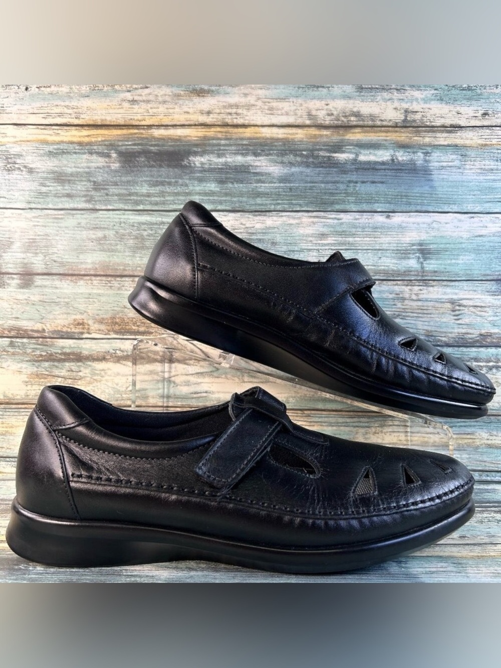 SAS Roamer Mary Jane Shoe Womens 11.5M Black Leather Comfort Hook & Loop Loafers